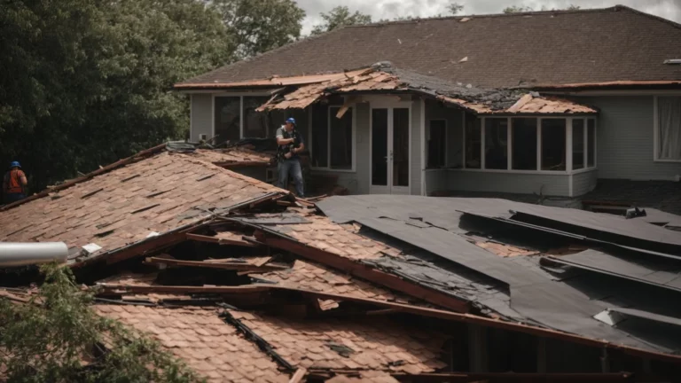 a house with a damaged roof after a storm, with a contractor evaluating it.