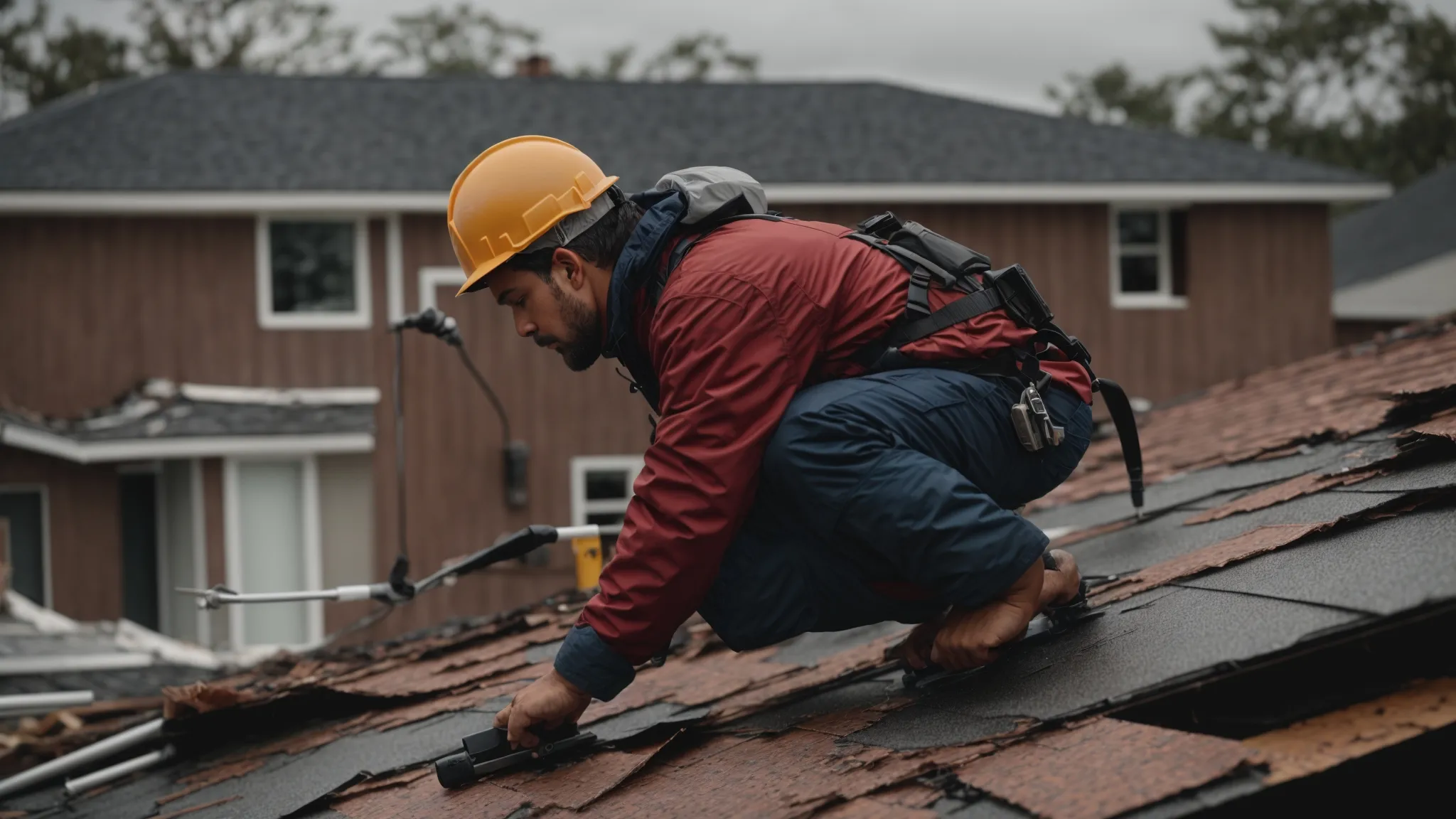 a roofing contractor is seen assessing the condition of a damaged roof after a storm, preparing for an emergency roofing repairs.