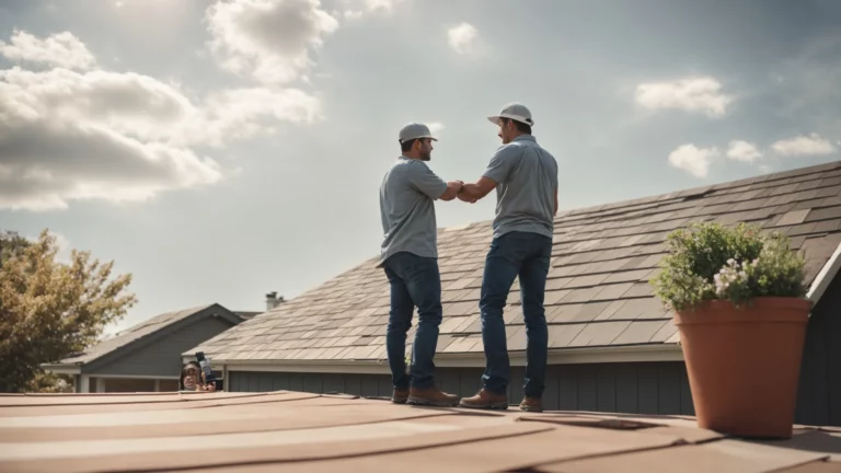 a customer shakes hands with a professional roofing contractor as they both look at a new roof installation on a sunny day.