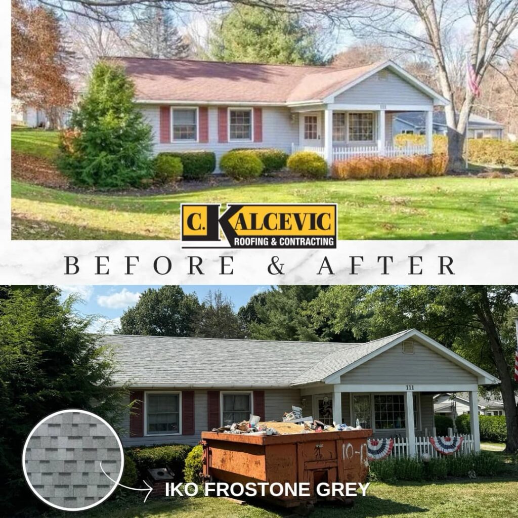 Before and after roofing renovation on suburban home.