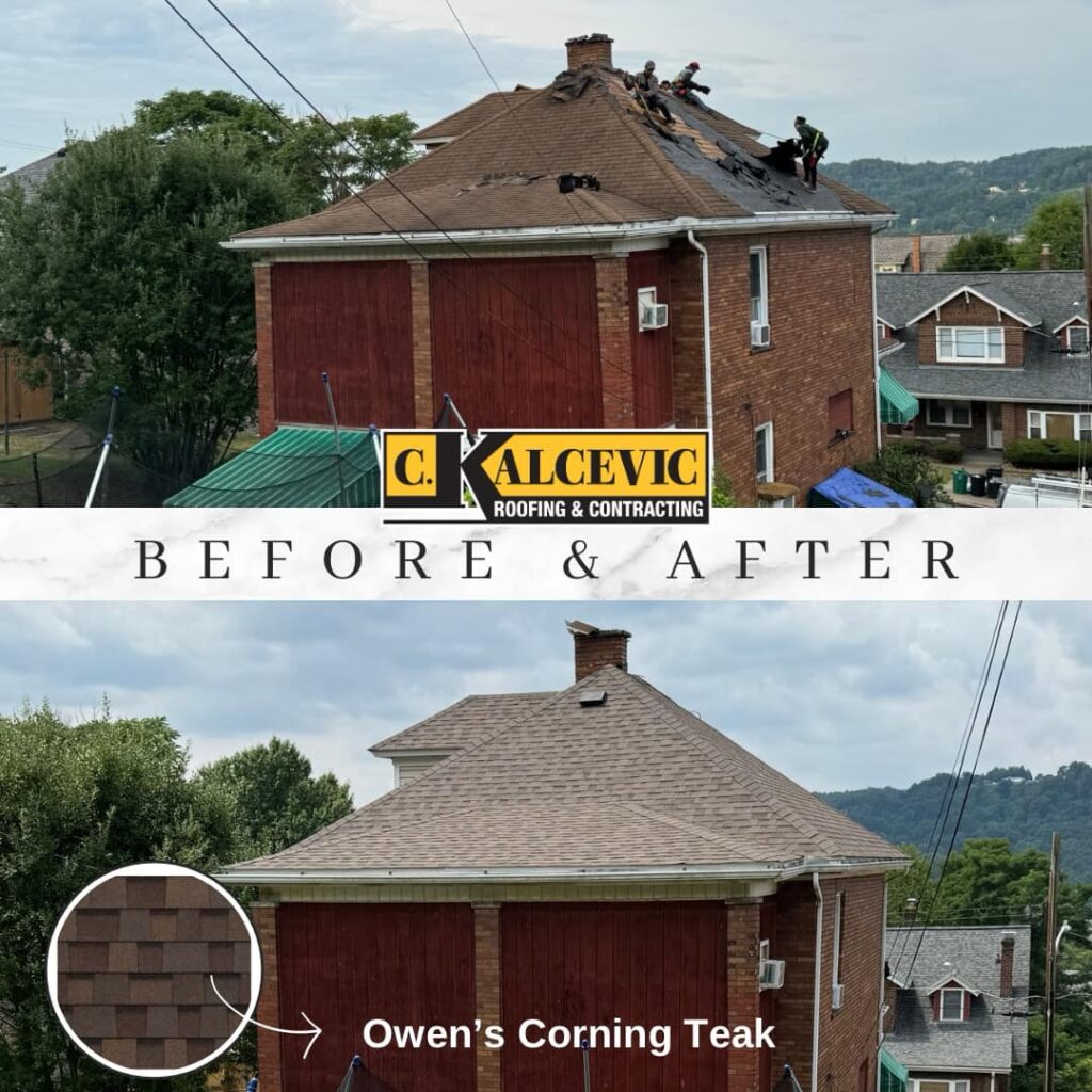 Before and after roof replacement on residential building.