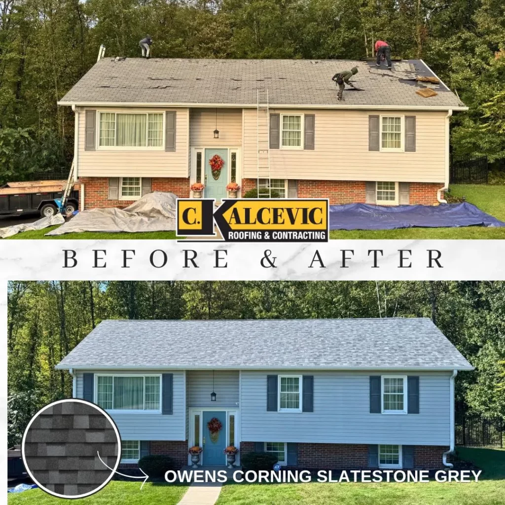 Before and after roofing replacement on suburban home