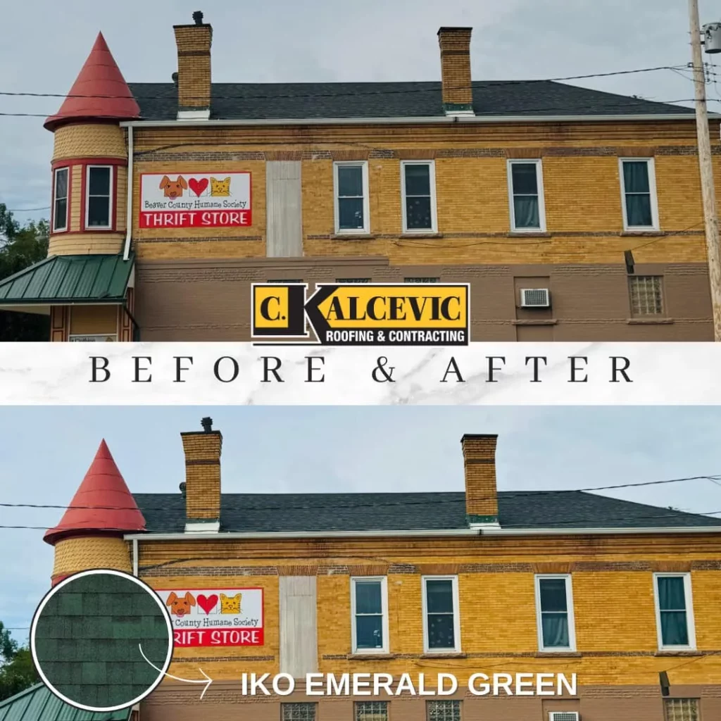 Comparative image showing building's roof repair, before and after.