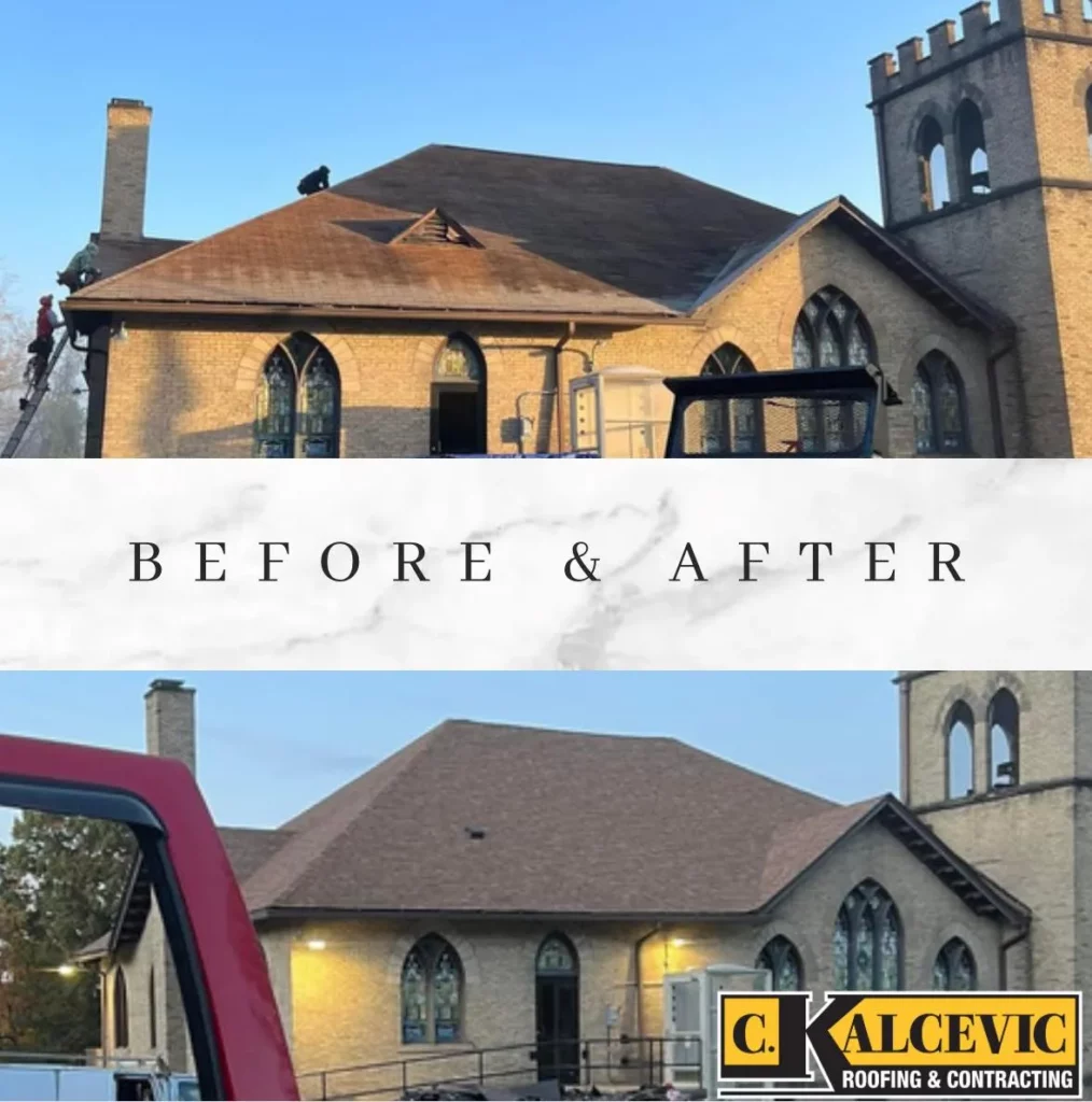 Before and after roofing restoration on church building